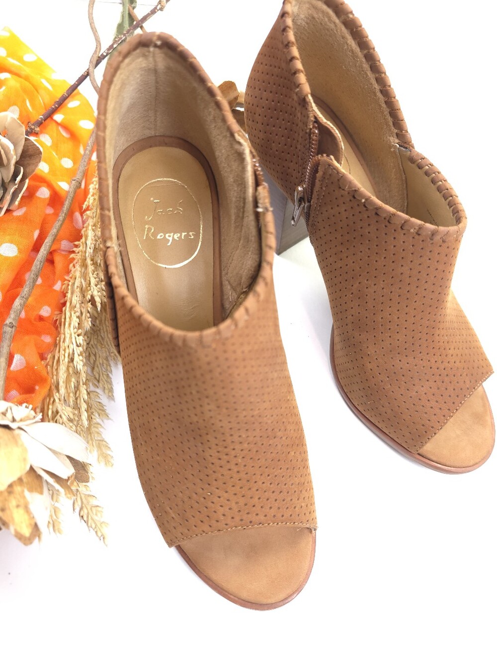 Jack Rogers Tan Suede Perforated Peep-Toe Booties Sz 7.5m